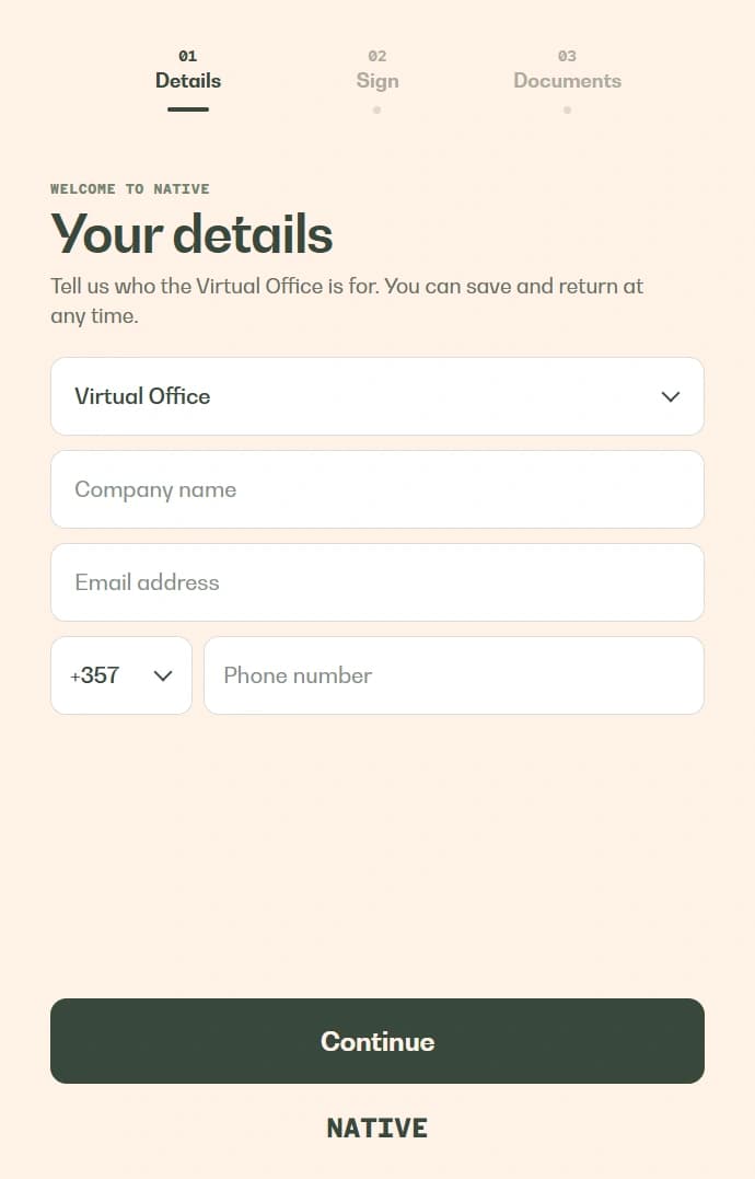 Simplified preview of the Virtual Office details form