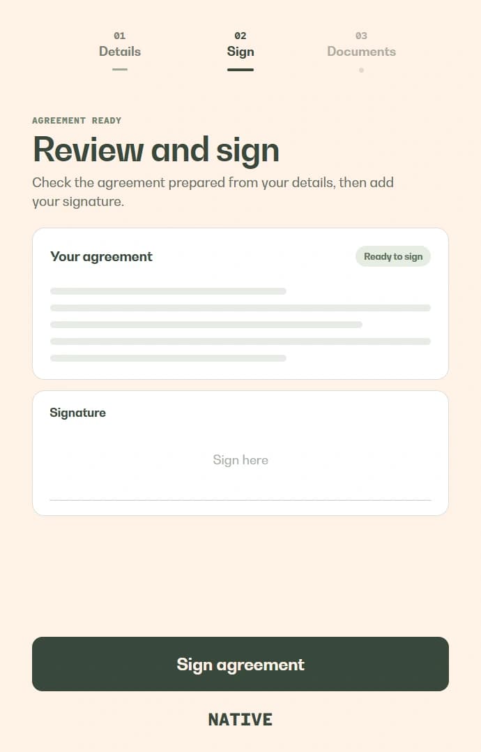Simplified preview of the agreement signing step