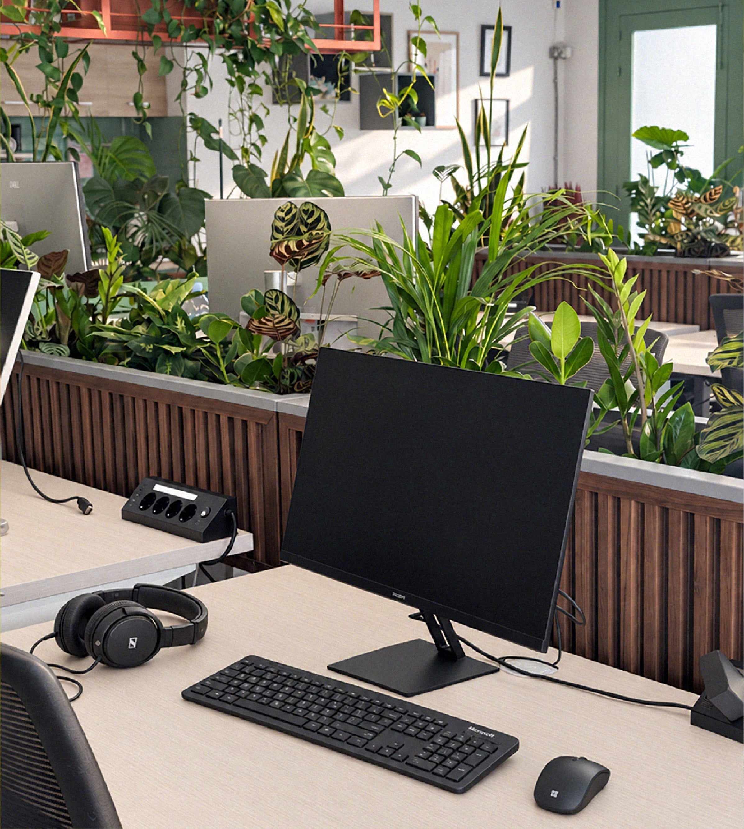 Desk with a monitor and headphones beside indoor plants at Native coworking