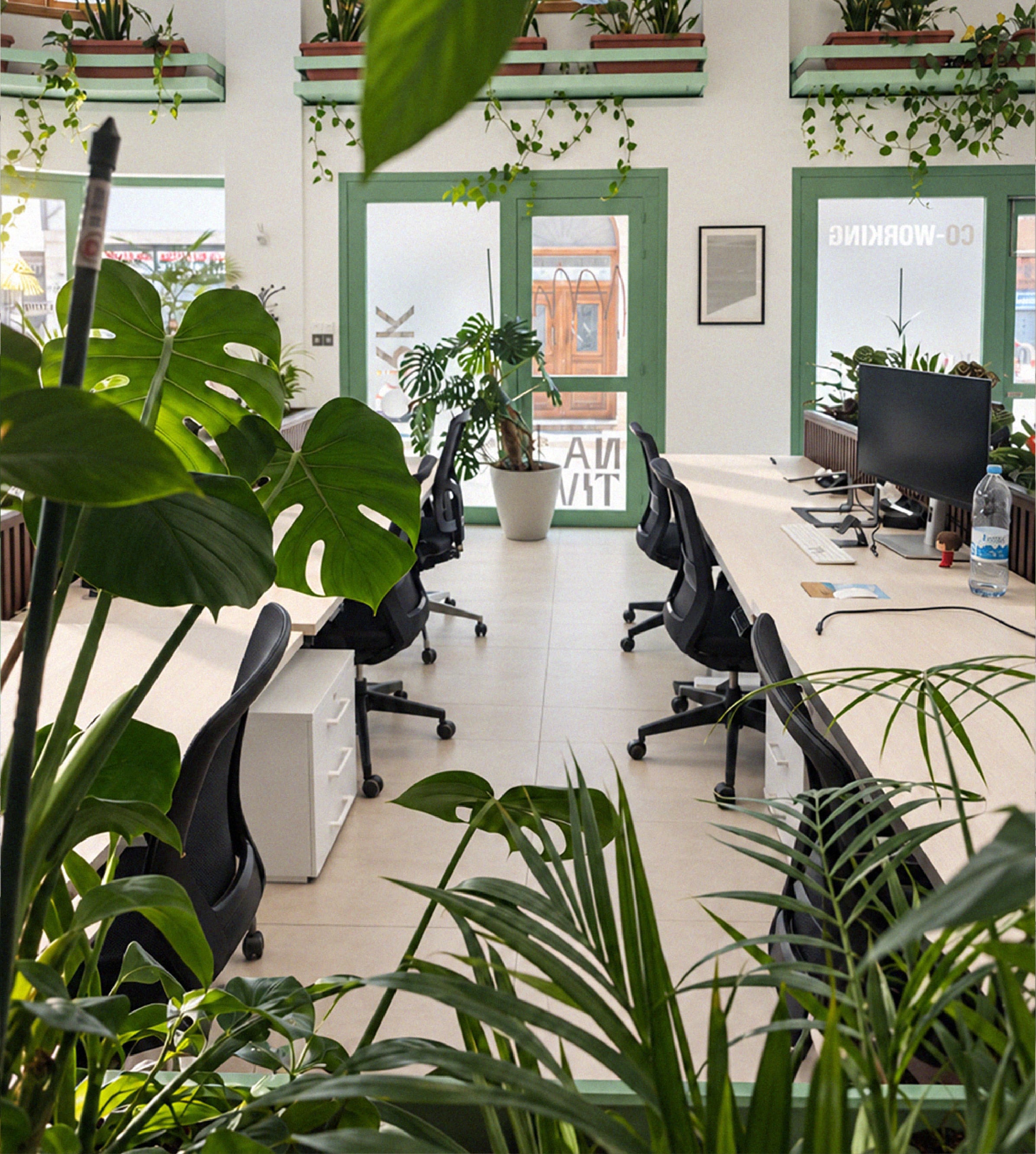 View of the main coworking area from the kitchen